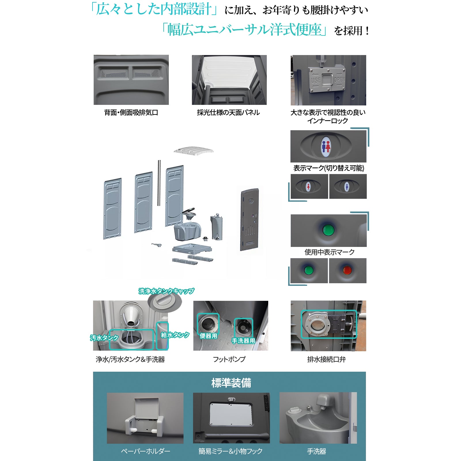 仮設トイレ フットポンプ式 洋式便座 汲取り/簡易水栓 両用